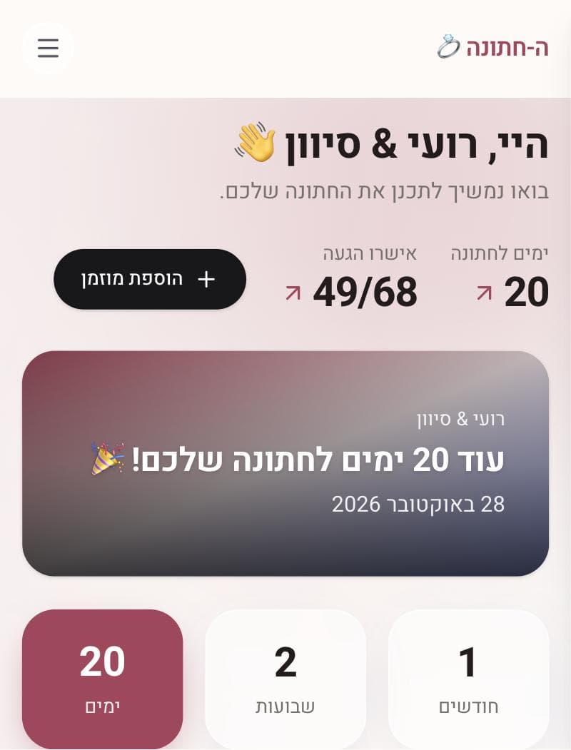מסך הבית של חתונת הדמו של רועי וסיוון: 20 ימים לחתונה